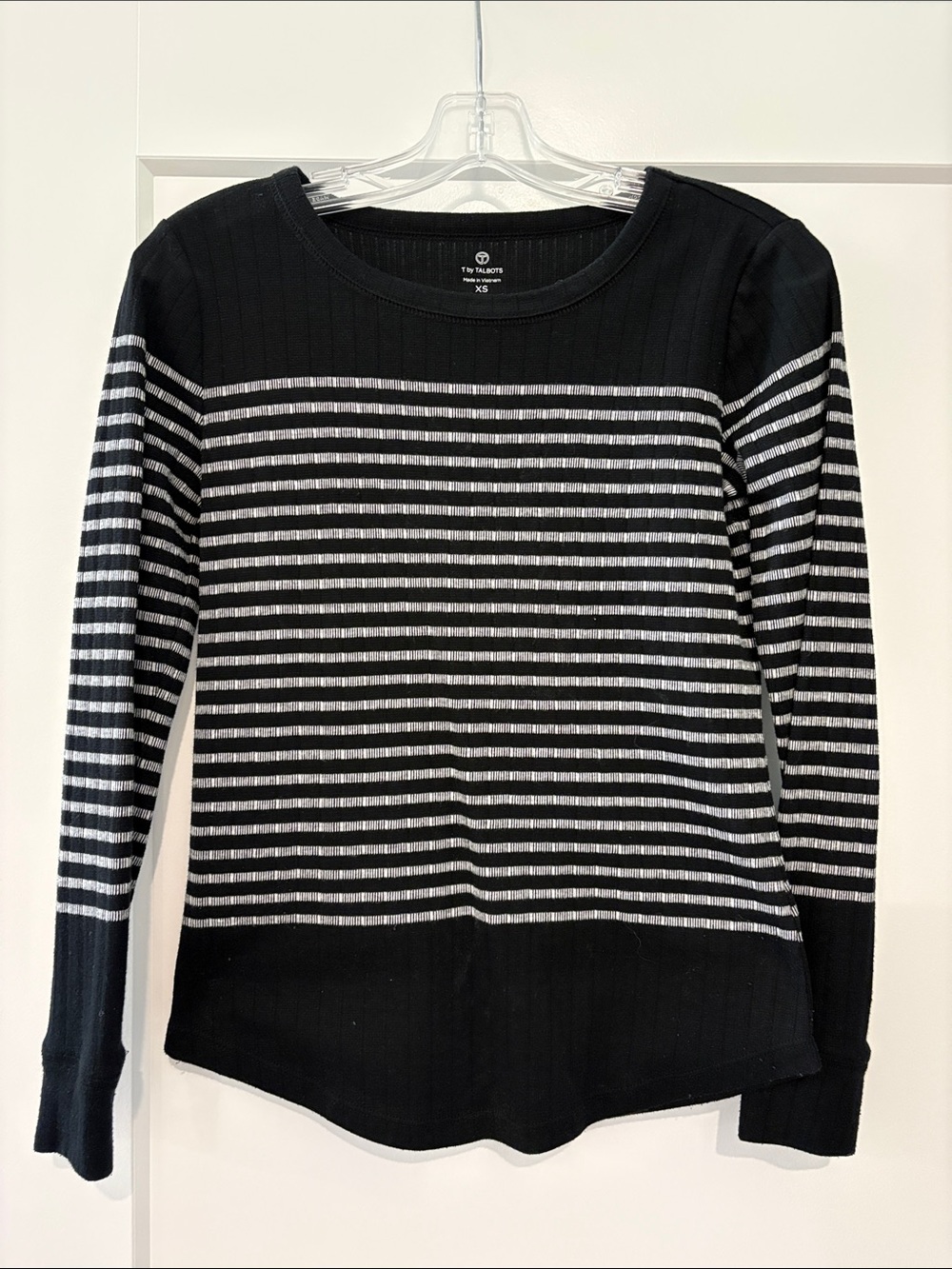 Talbots Black and White Striped Ribbed Long-Sleeve Tee